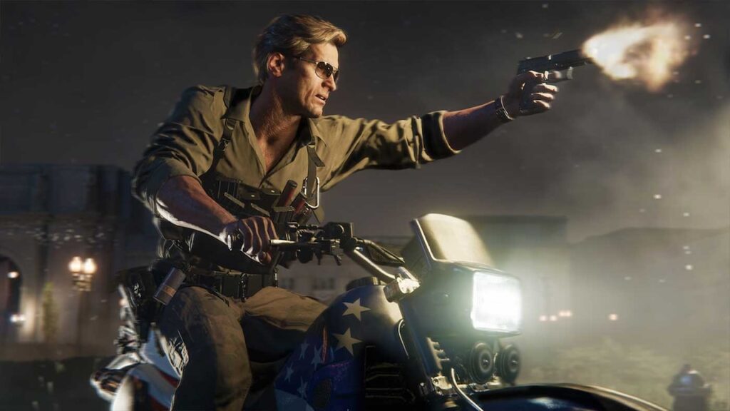 Adler di Call of Duty: Black Ops 6 su una moto mentre spara