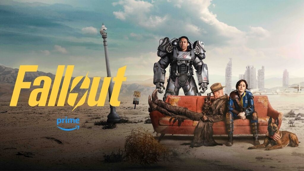 Il logo della serie TV di Fallout con i personaggi principali