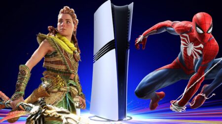 Una PS5 Pro in verticale con al fianco Aloy e Spider-Man