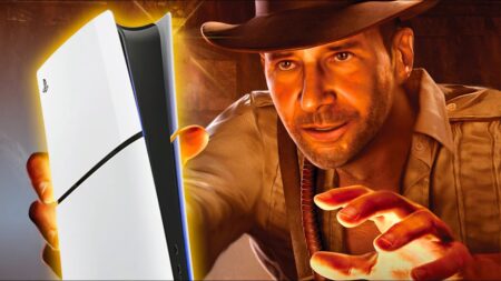 Indiana Jones e l'Antico cerchio con al fianco una PS5