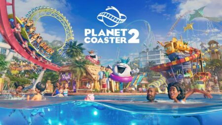 Copertina di Planet Coaster 2 con panoramica del parco di divertimenti