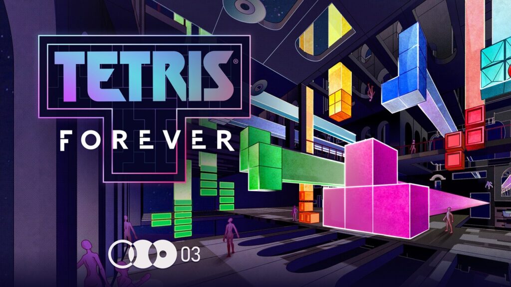 Key art di Tetris Forever con logo gioco e tetramini giganti