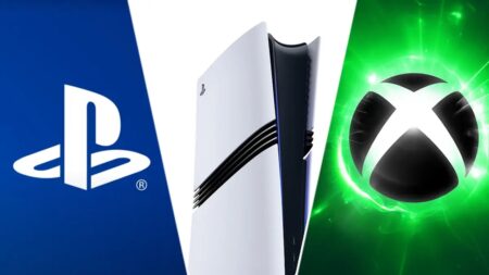 Il logo di PlayStation con al centro una PS5 Pro con al fianco il logo di Xbox