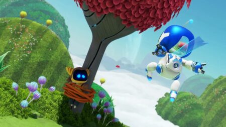 Astro Bot mentre salta verso un albero