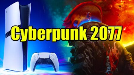 Una PS5 Pro con al fianco la protagonista di Cyberpunk 2077