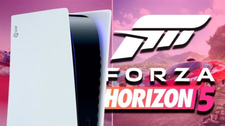 Una PS5 con al fianco il logo di Forza Horizon 5