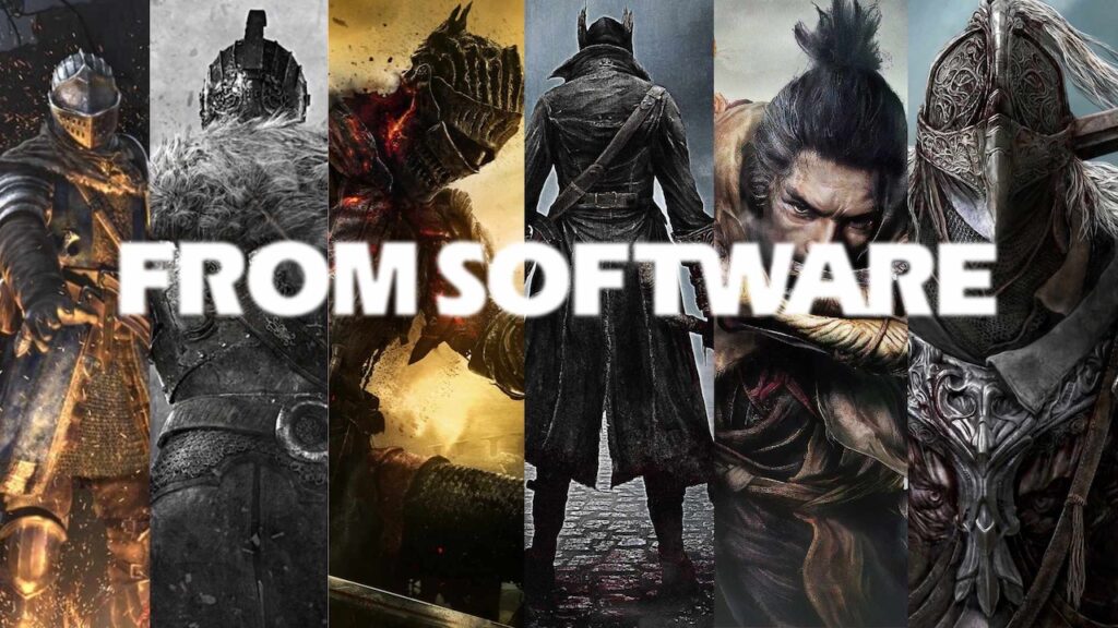 Il logo di FromSoftware con tanti personaggi dei giochi sullo sfondo