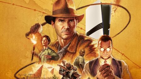 Indiana Jones e l'Antico cerchio con dietro una PS5 Pro