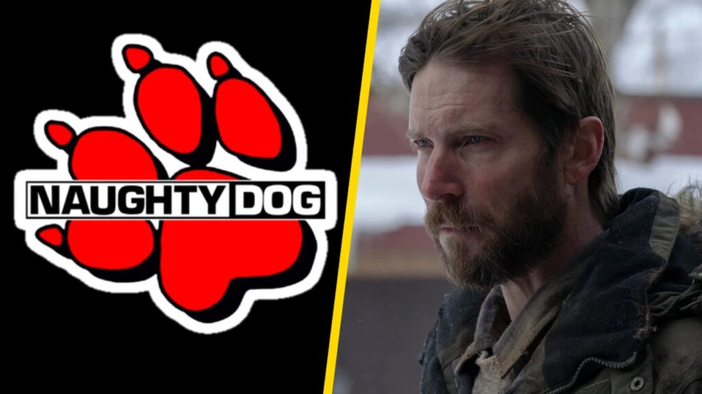 Il logo di Naughty Dog con al fianco Troy Baker