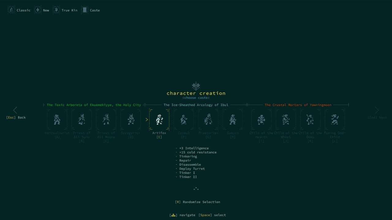 Videata di creazione del personaggio in Caves of Qud.