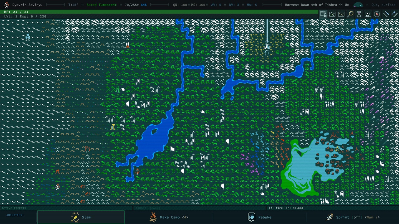 Schermata della mappa di gioco di Qud vista dall'alto, creata con piccoli simboli