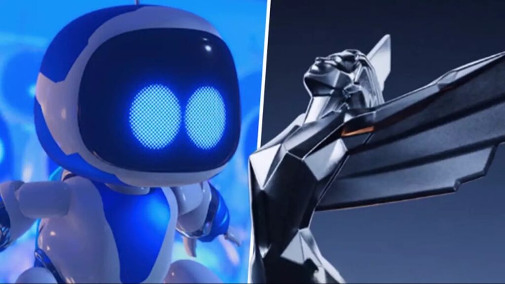 Il protagonista di Astro Bot mentre guarda la statuetta dei The Game Awards 2024