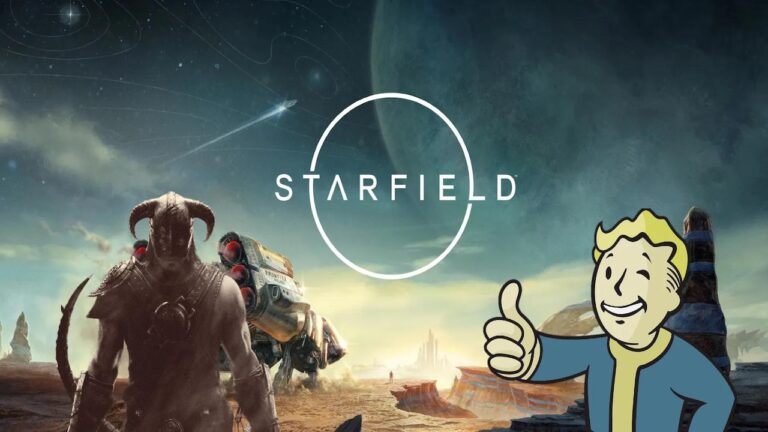 Il logo di Starfield con al fianco dei personaggi di Skyrim e Fallout