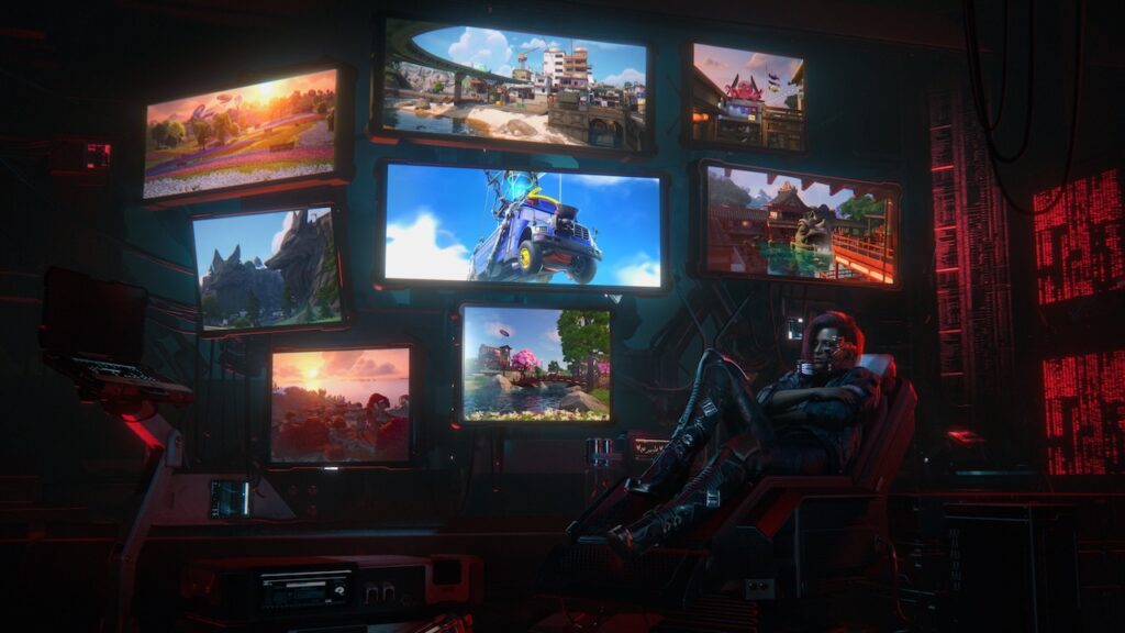 V di Cyberpunk 2077 mentre guarda degli schermi con Fortnite