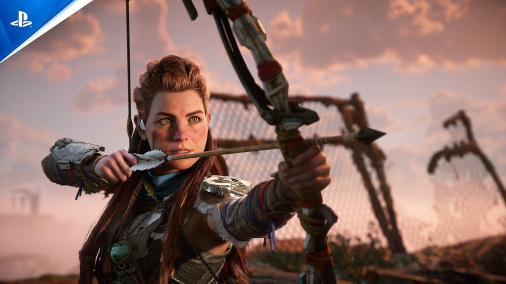 Aloy di Horizon Forbidden West mentre impugna un arco