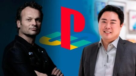 Hermen Hulst e Nishino con il logo di PlayStation