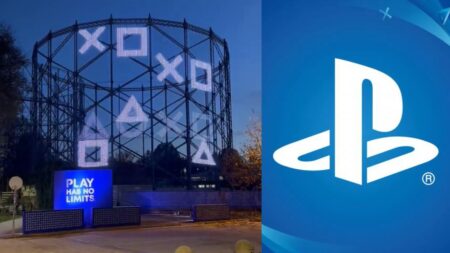 Il logo di PlayStation con al fianco il Gasometro di Torino