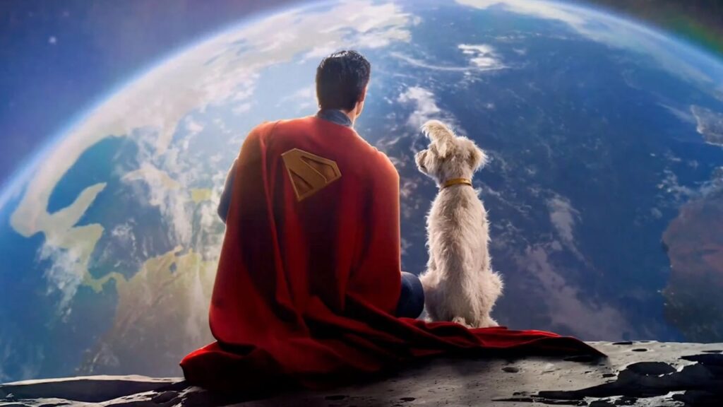 Superman con il suo cagnolino mentre guardano la Terra