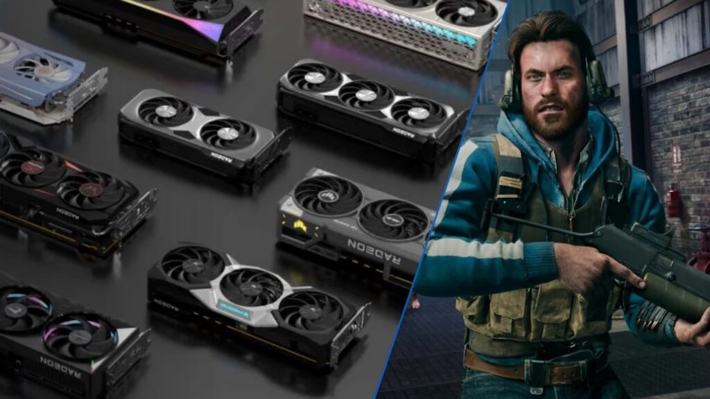 Un soldato di Call of Duty: Black Ops 6 con al fianco delle schede grafiche AMD Radeon RX 9070