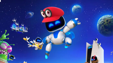 Un robottino di Astro Bot con il cappellino di Super Mario