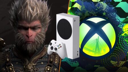 Il Re Scimmia di Black Myth: Wukong con il logo di Xbox ed una Xbox Series S