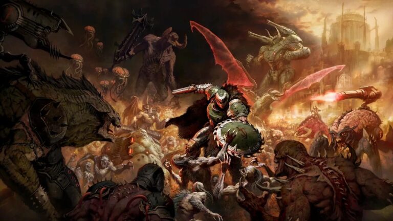 Il protagonista di DOOM: The Dark Ages su una montagna di cadavere dei nemici