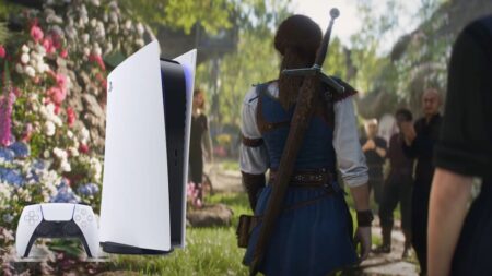 Una PS5 con al fianco la protagonista di Fable