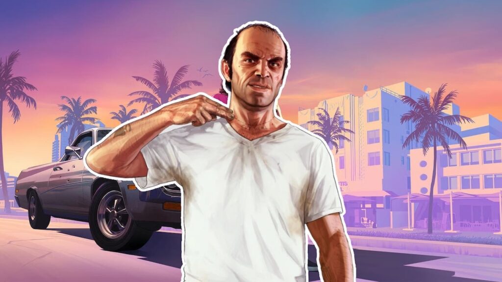 Trevor di GTA 5 con dietro lo sfondo di GTA 6