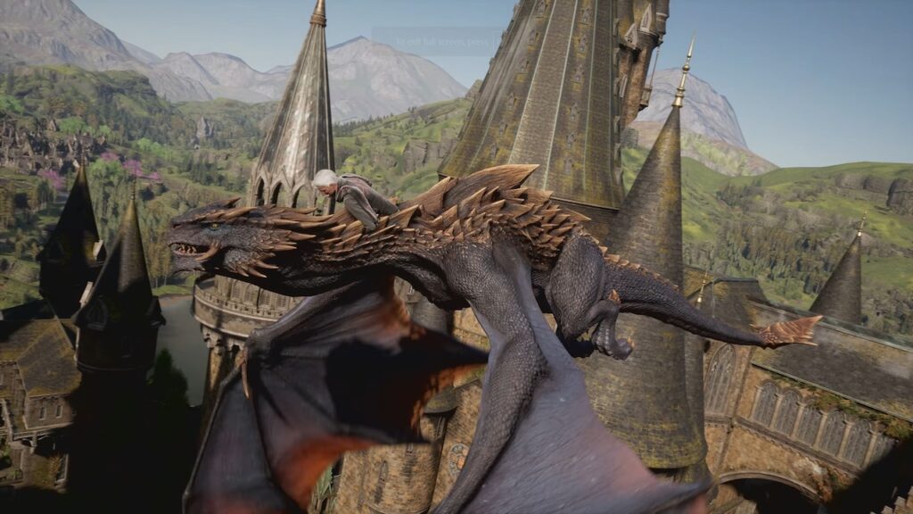 Una maga di Hogwarts Legacy su un drago