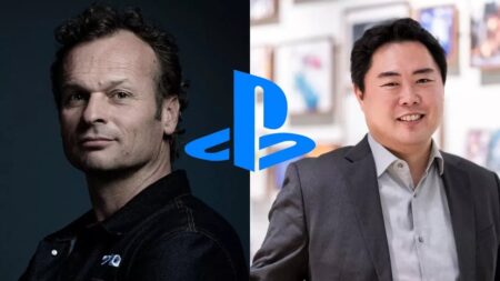 Hermen Hulst ed Hideaki Nishino con in mezzo il logo di PlayStation