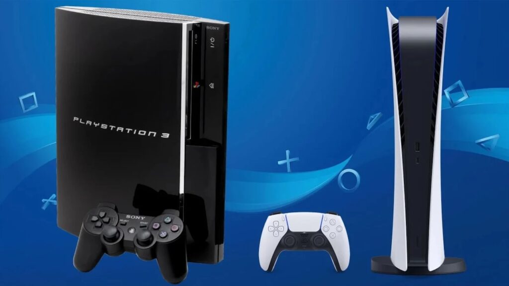 Una PS3 ed una PS5 in verticale