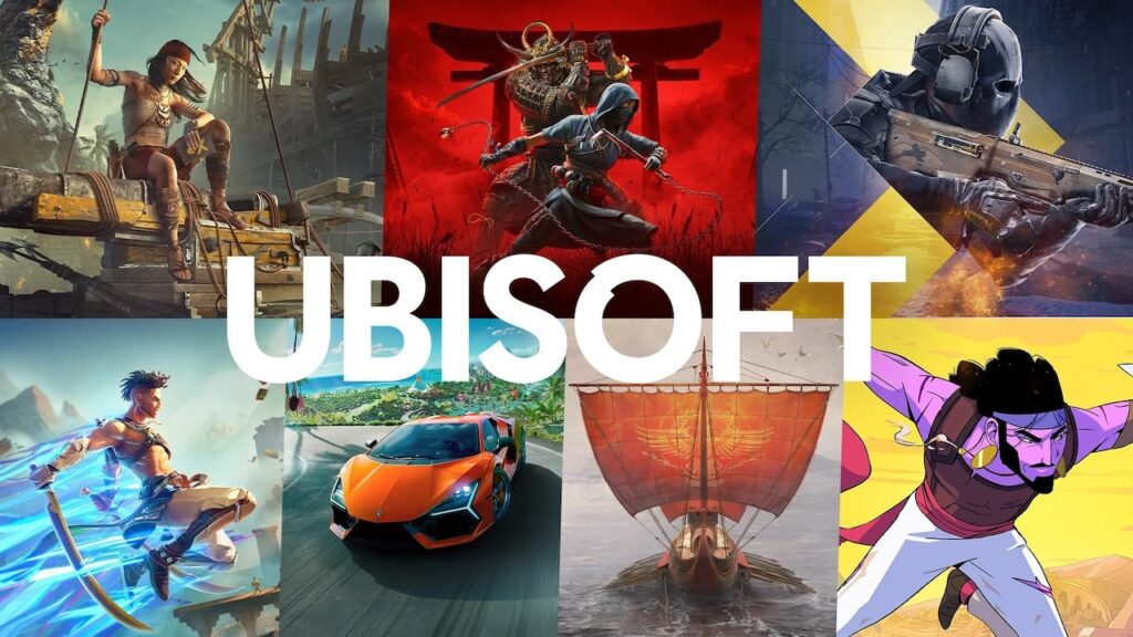 Il logo di Ubisoft con svariati giochi