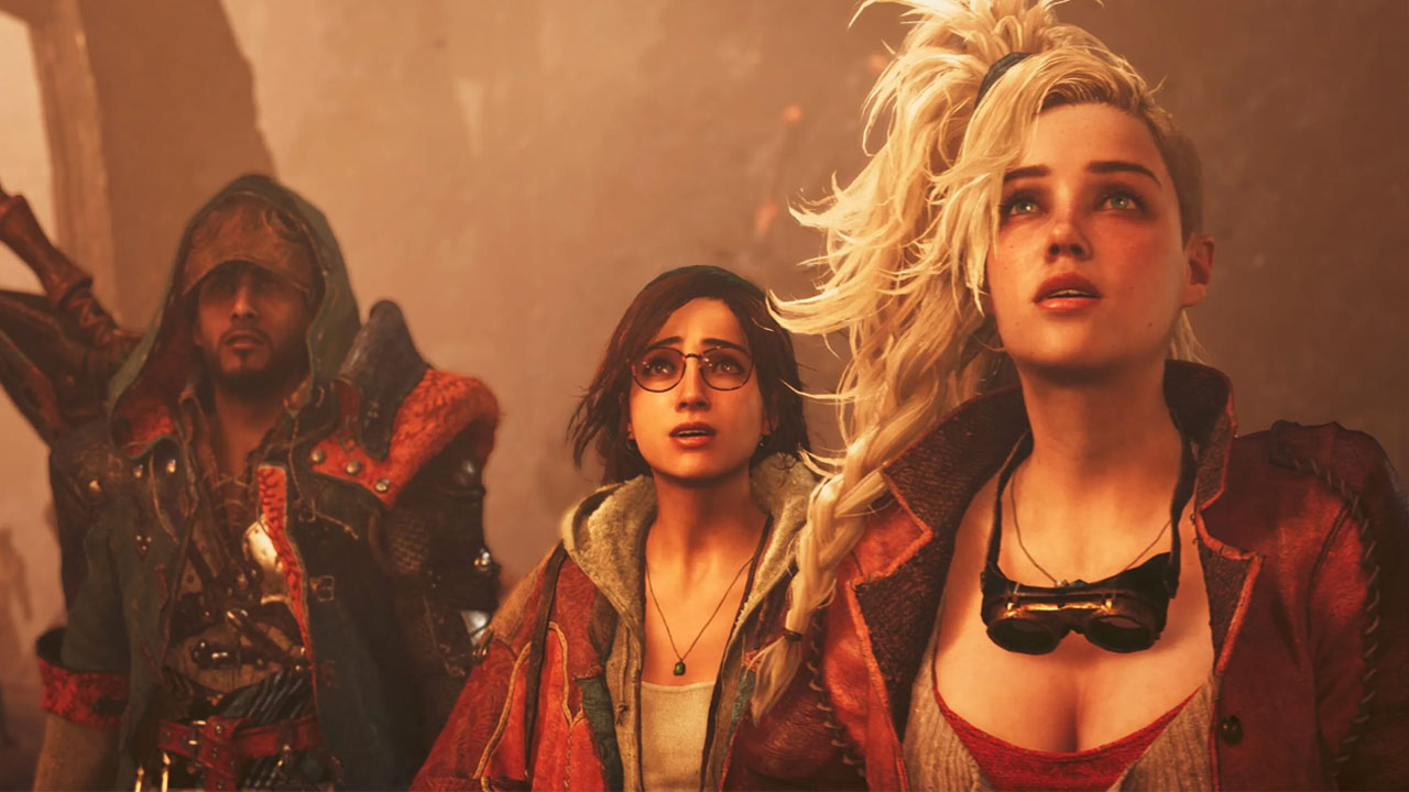 2 NPC e il player Monster hunter wilds guardano qualcosa con apprensione