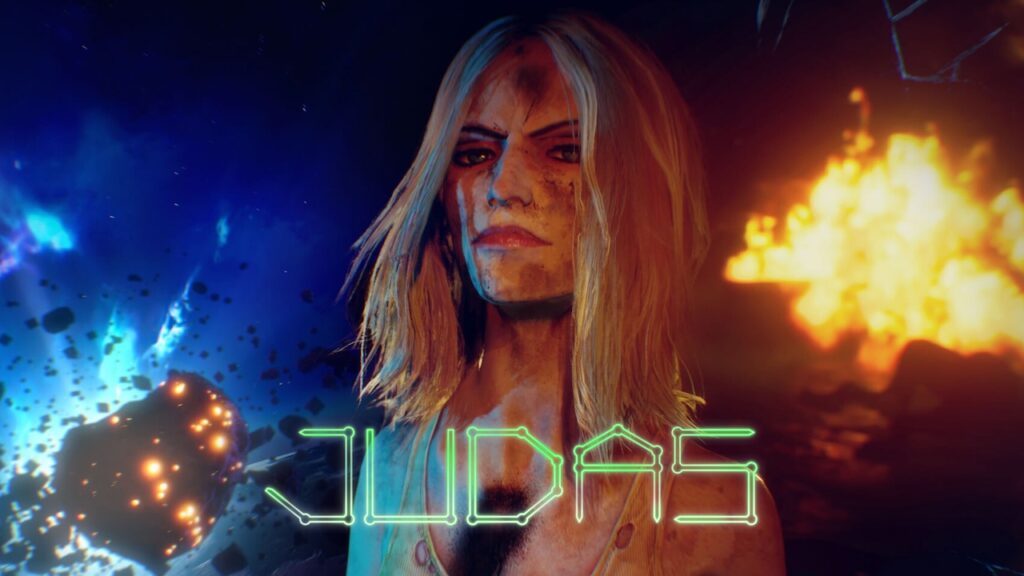 La protagonista di Judas con il logo del gioco