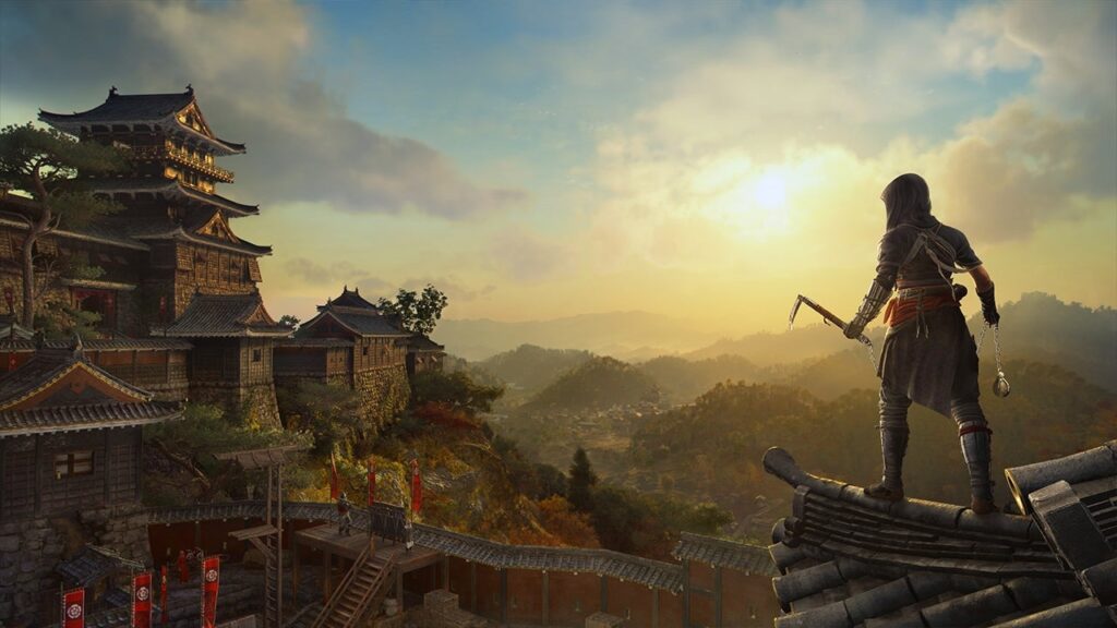 Naoe di Assassin's Creed Shadows mentre guarda un tempio