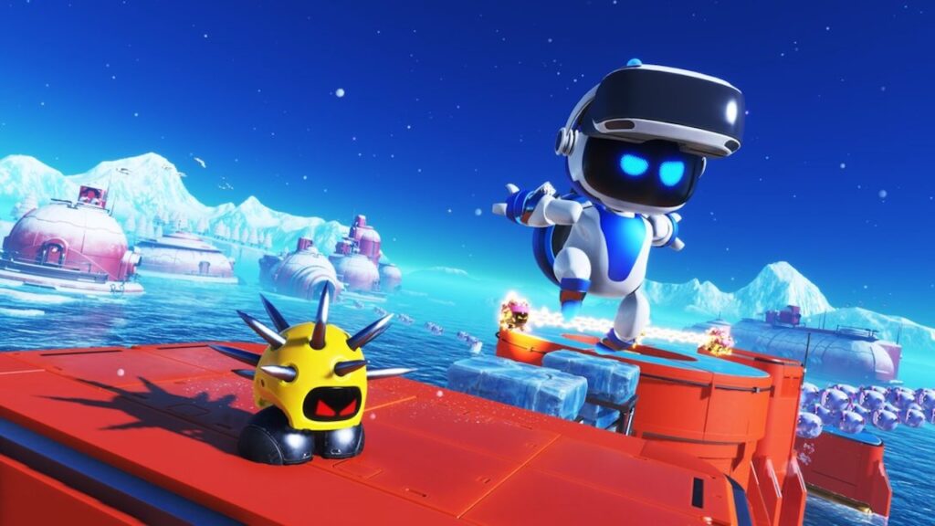 Il Bot principale di Astro Bot mentre salta in un livello ghiacciato