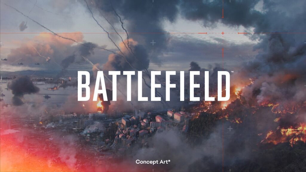 Una concept art di Battlefield con dei palazzi in fiamme