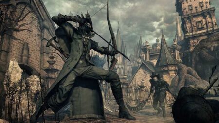 Il cacciatore di Bloodborne mentre mira un nemico con un arco