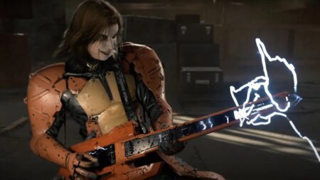 Higgs di Death Stranding 2: On The Beach mentre suona una chitarra elettrica che spara fulmini