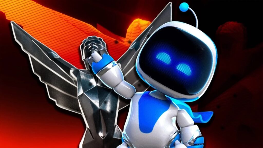 Il Bot di Astro Bot con dietro la statuetta dei GOTY