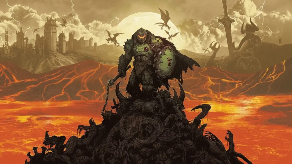 Il DOOM Slayer di DOOM: The Dark Ages su cumulo di cadaveri