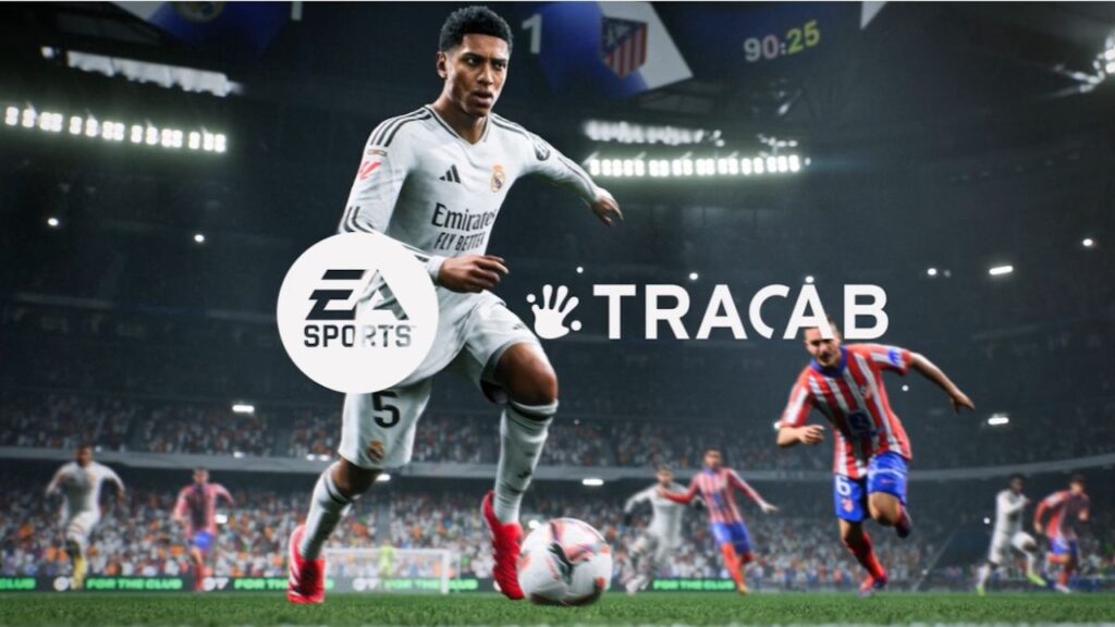 Il logo di EA Sports e quello di TRACAB con dietro dei calciatori di EA Sports FC 25