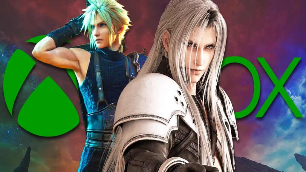 Cloud e Sephirot di Final Fantasy 7 Rebirth con dietro il logo di Xbox