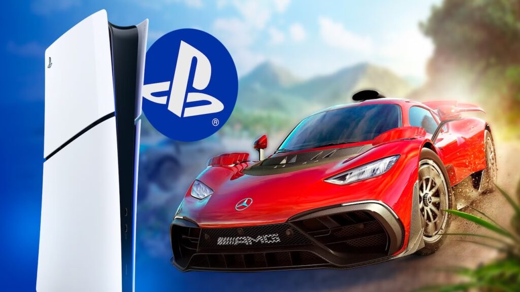Un'auto di Forza Horizon 5 con al fianco una PS5 ed il logo di PlayStation