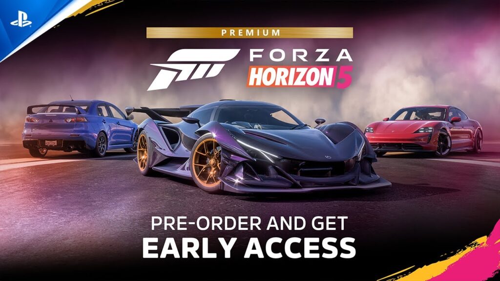 Tre auto di Forza Horizon 5 con il logo PlayStation