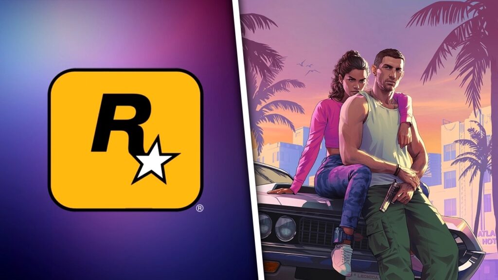 Il logo di Rockstar Games con al fianco Lucia e Jason di GTA 6 su una macchina