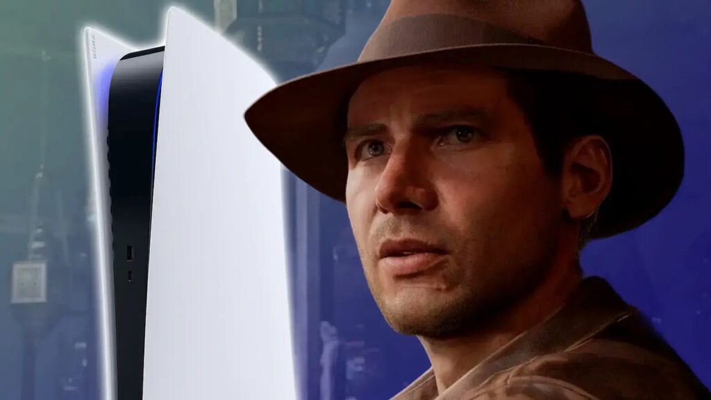 Indy di Indiana Jones e l'Antico Cerchio con al fianco una PS5