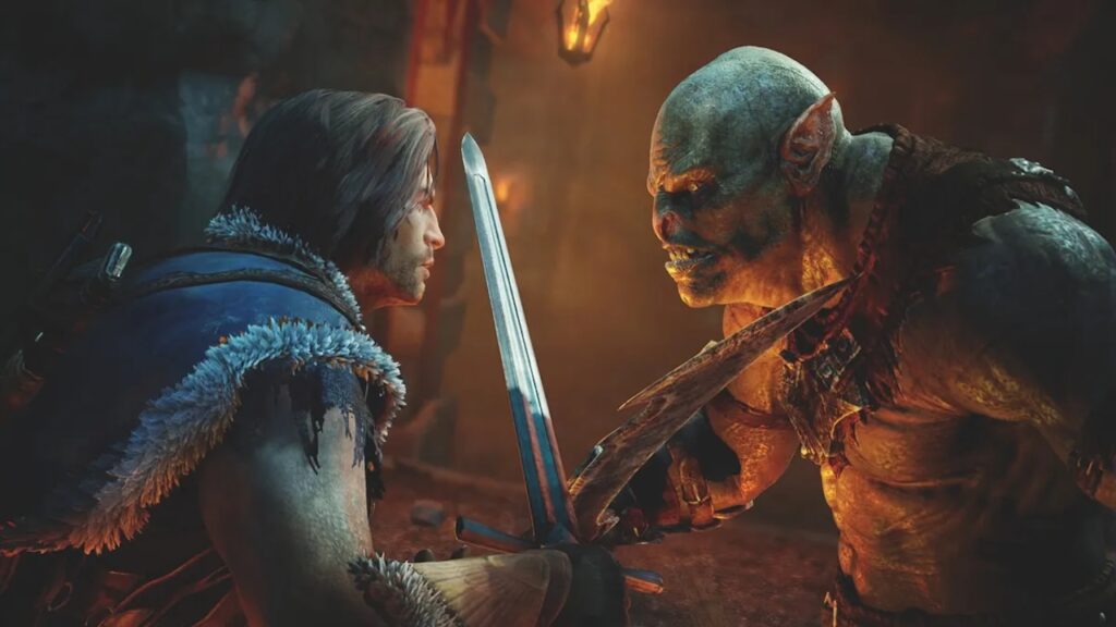 Il protagonista de La Terra di Mezzo: L'ombra di Mordor mentre affronta un orco