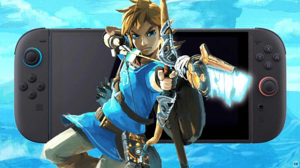 Link di The Legend of Zelda con dietro un Nintendo Switch 2