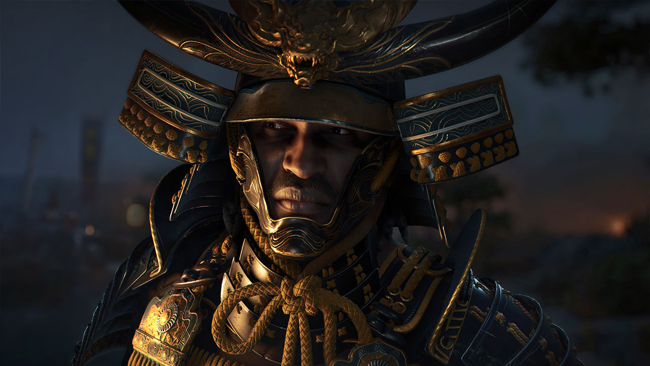 Yasuke in tenuta da samurai, in tutta la sua imponenza